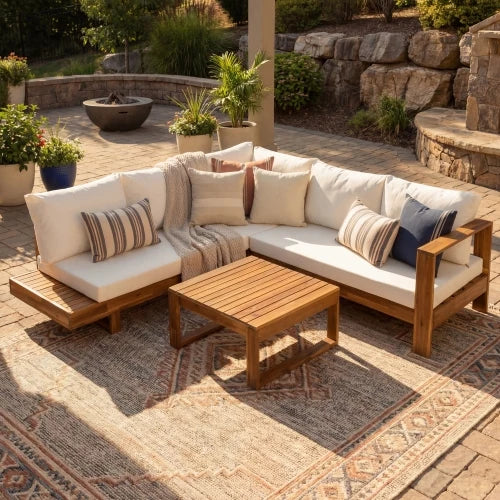 4-Piece Modern Solid Acacia Wood Outdoor Patio Sofa Set with Coffee Table Waterproof Cushions Beige