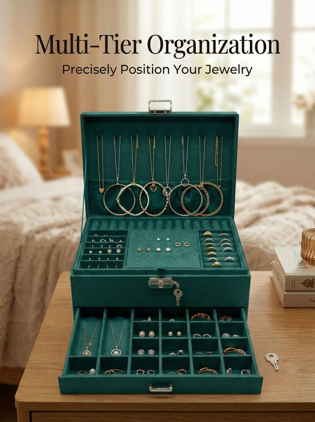 Large Capacity 3 Tier Velvet Jewelry Box Organizer Storage Case with Drawer Earring Necklace Ring Holder Elegant Gift Case