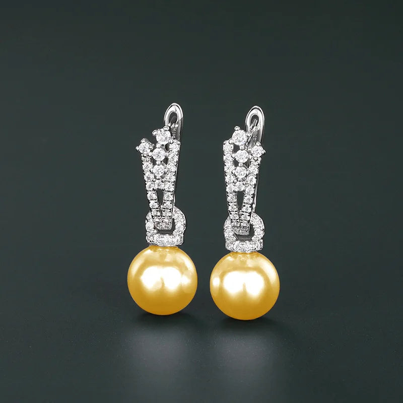 Classic Akoya Pearl Ball Shape Earrings 925 Silver Rhodium Plated Round White AAA Pave Setting Studs for Wedding Women's Jewelry