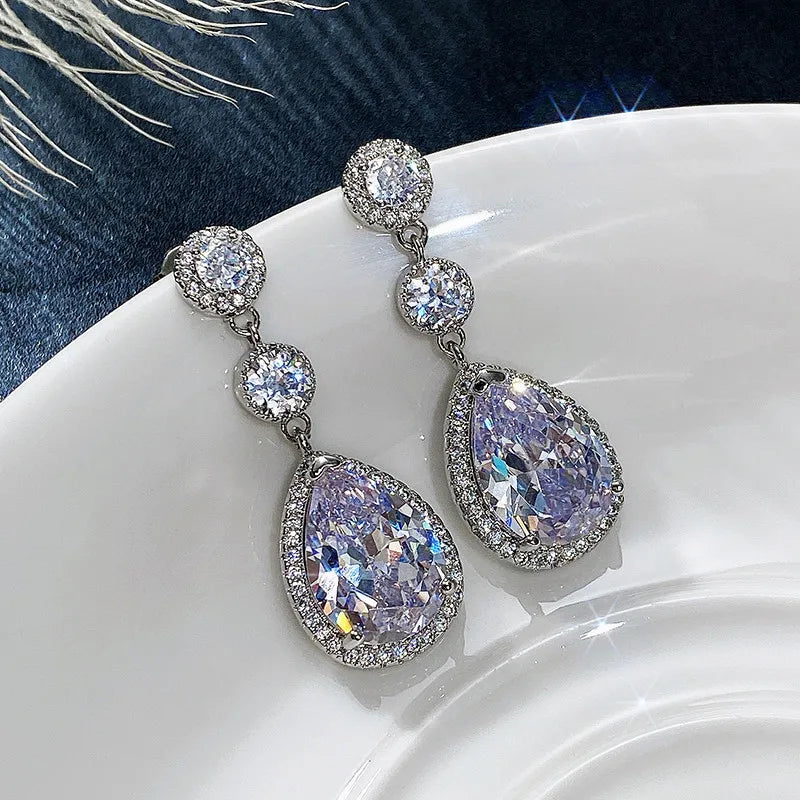 Luxury White Gold Plated 925 Silver Pear Cut Crystal Drop Earrings For Women Wedding Jewelry Rhodium Plated Bezel Setting