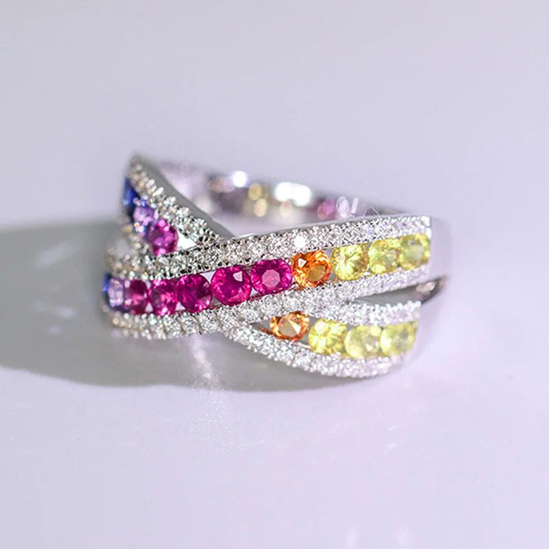Colorful Crisscross Geometric Ring For Women Round Design Elegant Fashion Daily Jewelry