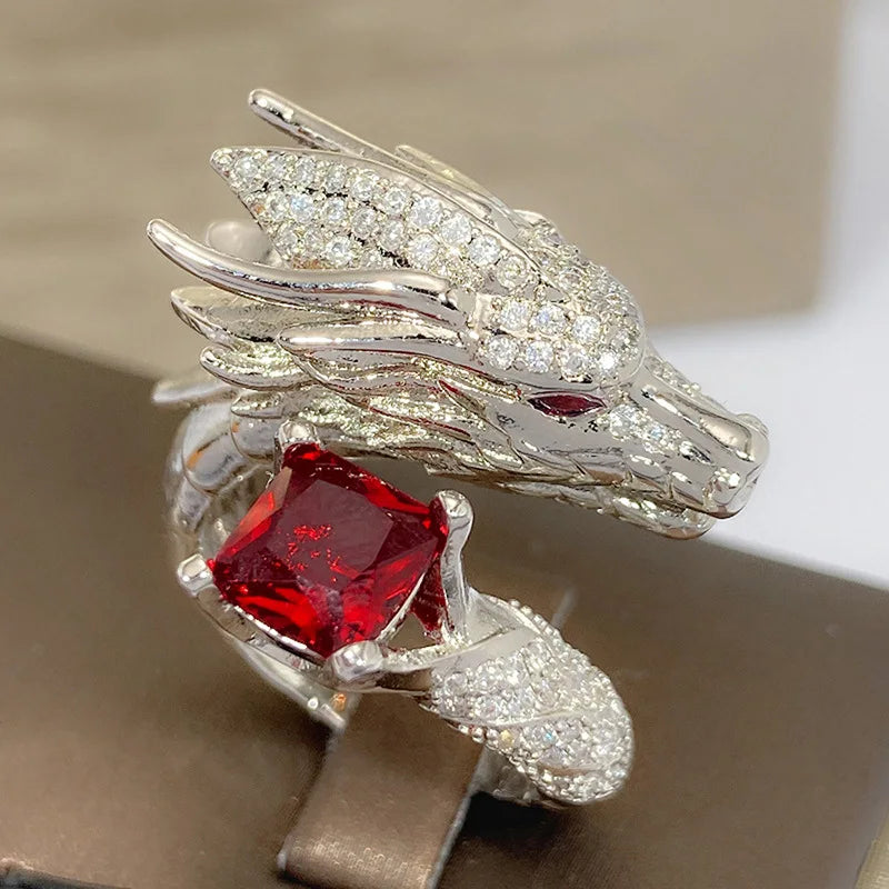 T0837 Dragon Head Cocktail Ring 925 Silver Pave Setting Crystal Rhinestone Unisex Fine Jewelry Gift