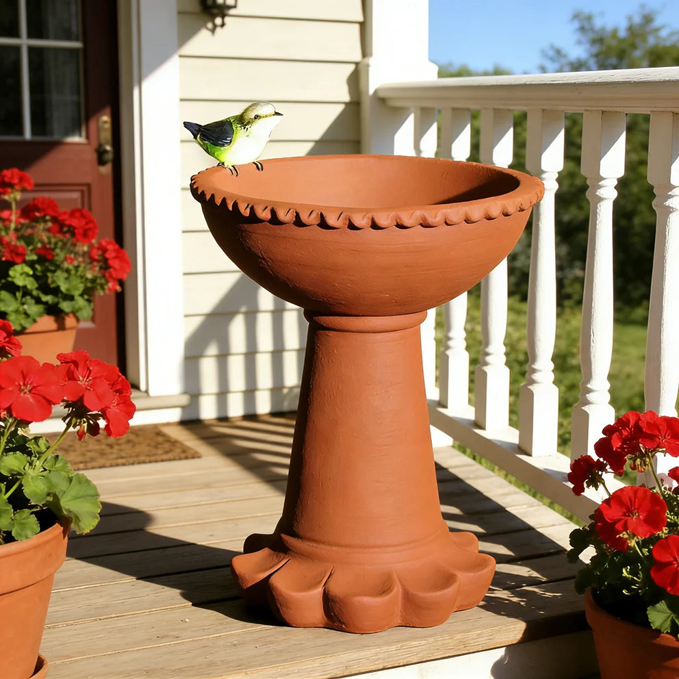 Terracotta-Effect Resin Bird Bath with Mini Bird Accent - Ruffled Edge Design, Charming Farmhouse-Style Outdoor Feeder