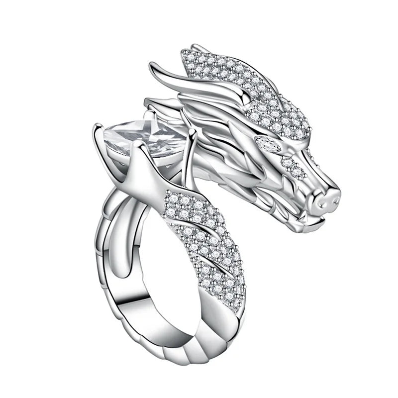 T0837 Dragon Head Cocktail Ring 925 Silver Pave Setting Crystal Rhinestone Unisex Fine Jewelry Gift