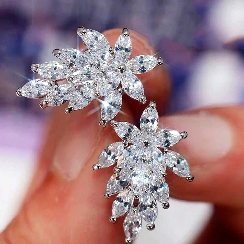 Sls Flower Stud Earrings 925 Silver Crystal Rhinestone Wedding Romantic Women's Jewelry Claw Setting White Gold