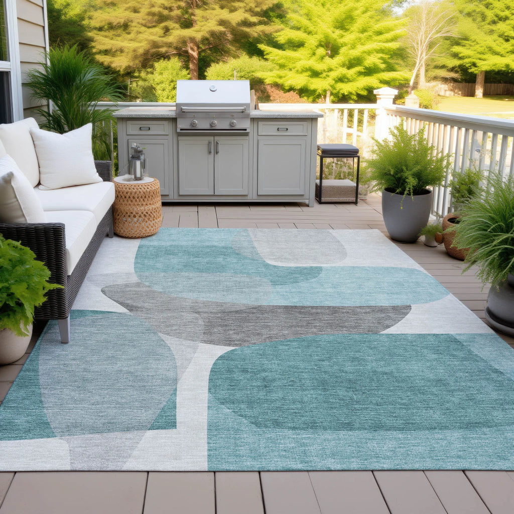 HMS 3' X 5' Abstract Indoor Outdoor Area Rug Teal Blue and Gray Washable Carpet