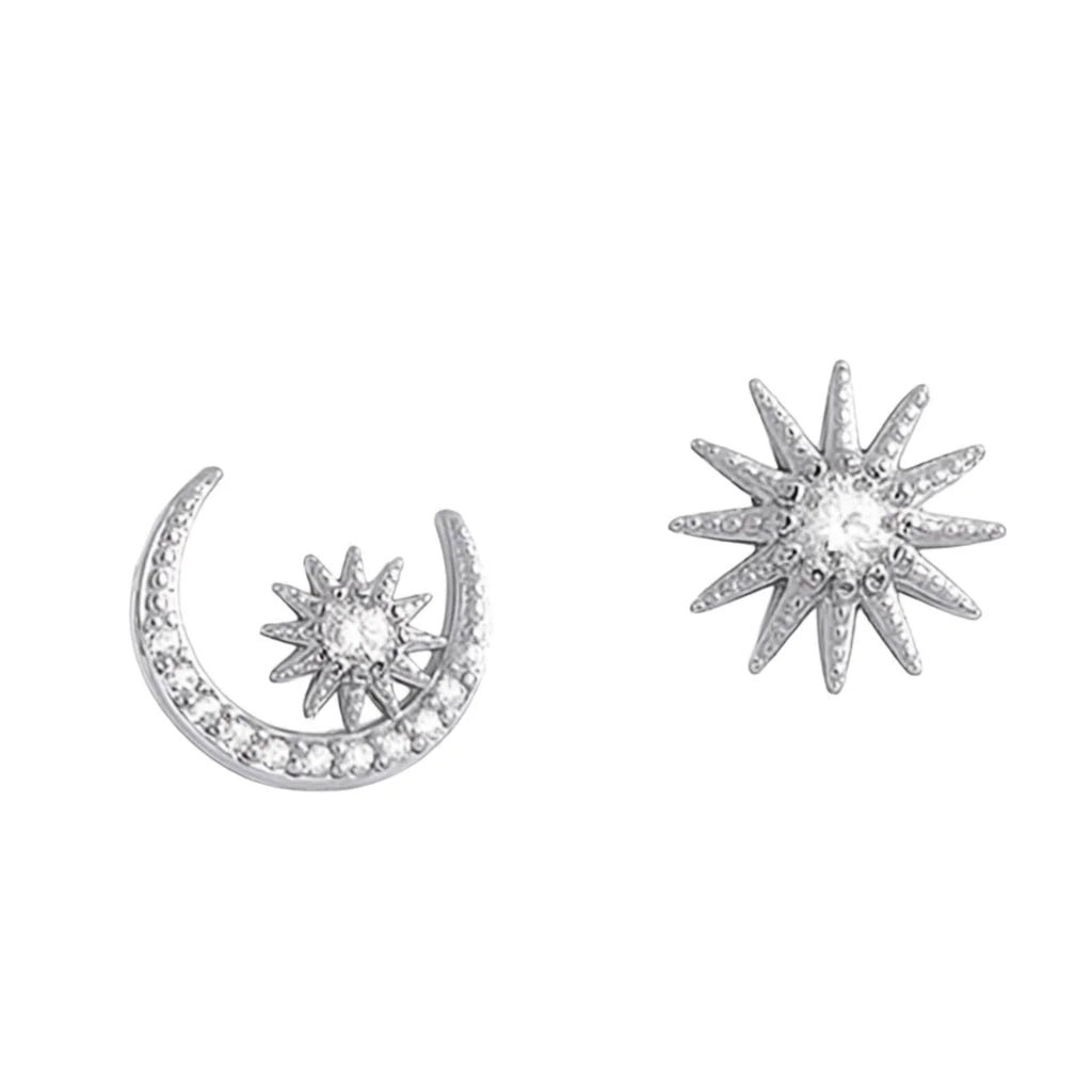 Star And Moon Stud Earrings 925 Silver White Gold Plated Crystal Rhinestone Minimalist Everyday Wear Women's Jewelry