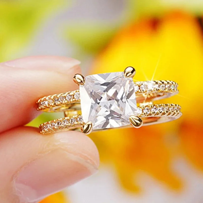 Q373 Women's 22k Gold Plated Princess Cut Lab Grown Diamond Ring with Side Stones Engagement Jewelry