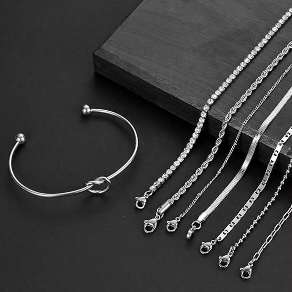 ZF 8-Piece Stainless Steel Silver Chain Link Bracelet Bangle Set Versatile Elegant Daily Jewelry Accessories