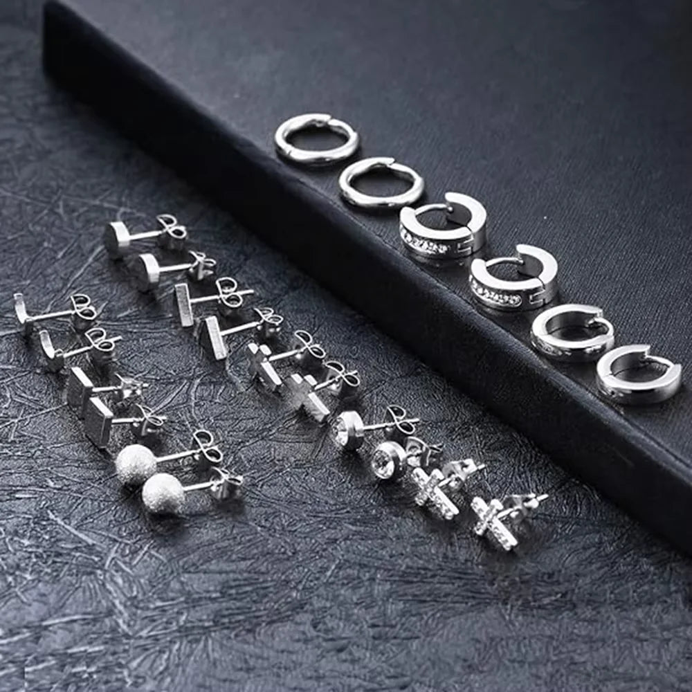 11 Piece Geometric Stainless Steel Stud Earrings Set Minimalist Modern Luxury Elegant Unisex Daily Versatile Jewelry Accessories