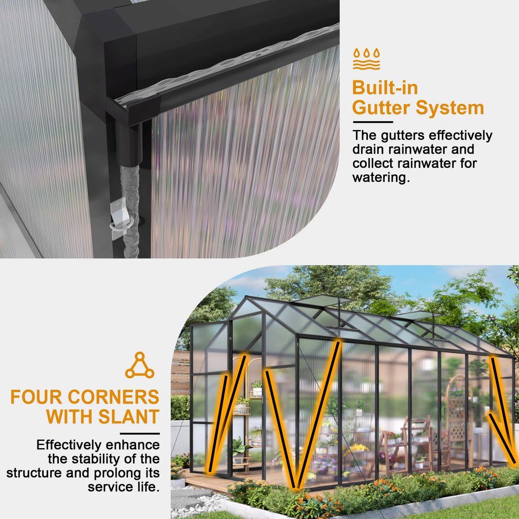 6*10FT Greenhouse Polycarbonate Walkin Greenhouse for Outdoor with Vent Lockable Door Heavy Duty Aluminum Green House for Garden
