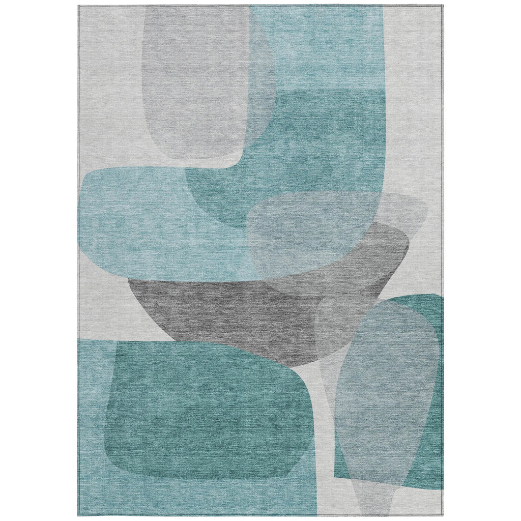 HMS 3' X 5' Abstract Indoor Outdoor Area Rug Teal Blue and Gray Washable Carpet