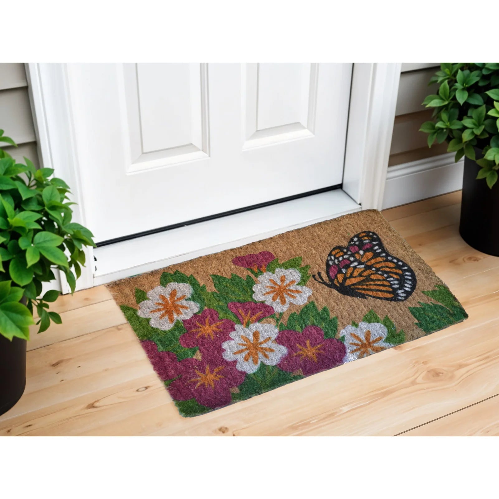 HMS 18\" X 30\" Brown and White Coir Floral Outdoor Door Mat