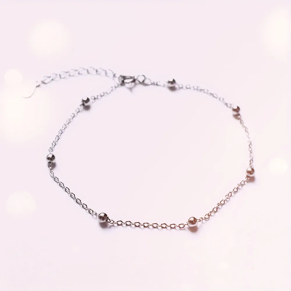 925 Sterling Silver Beads Anklet for Women Adjustable Foot Chain Hypoallergenic Summer Beach Jewelry Fine Anklets
