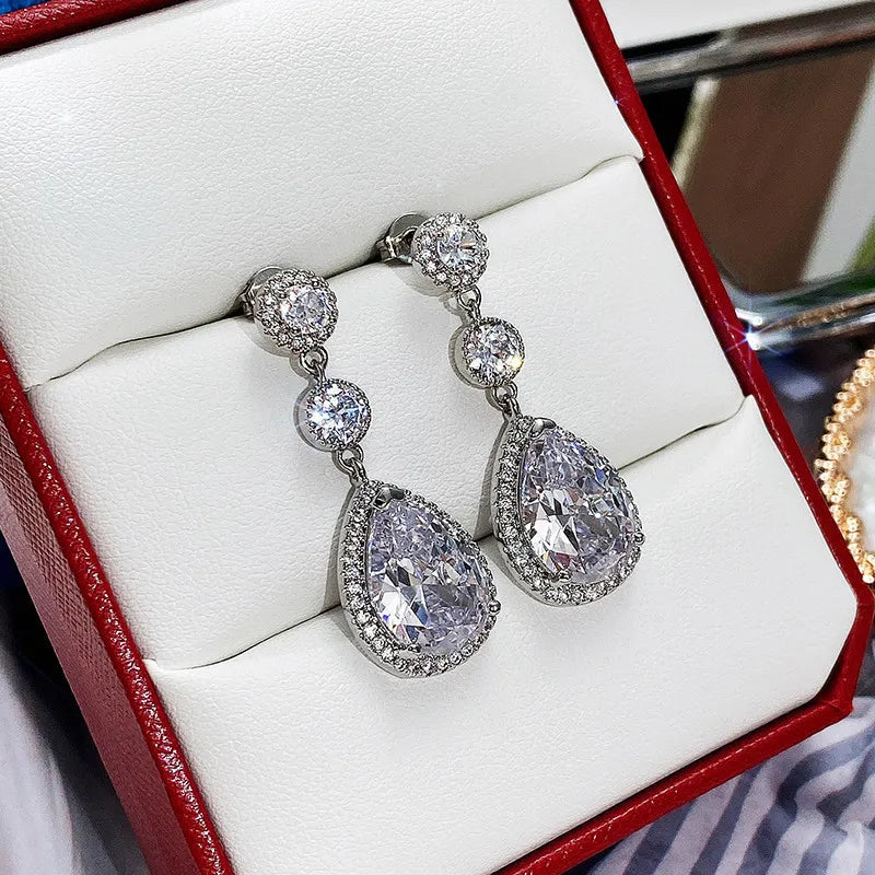 Luxury White Gold Plated 925 Silver Pear Cut Crystal Drop Earrings For Women Wedding Jewelry Rhodium Plated Bezel Setting