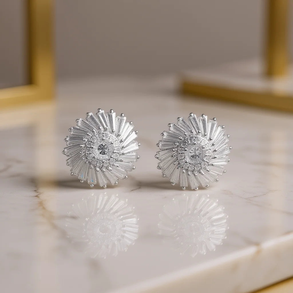 E4636 White Gold Flower Stud Earrings With Round Zircon Claw Setting For Women Wedding Romantic Fashion Jewelry