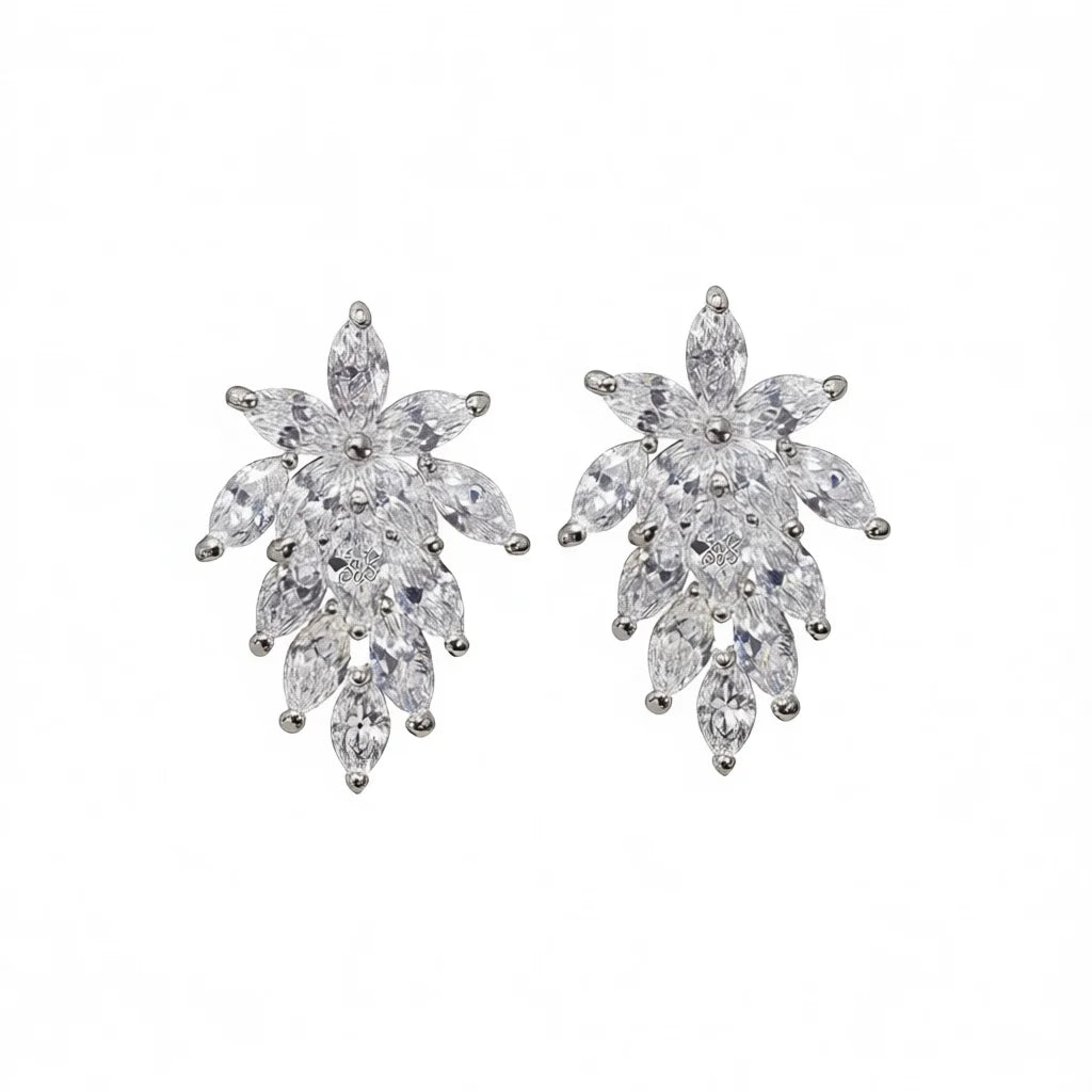 Sls Flower Stud Earrings 925 Silver Crystal Rhinestone Wedding Romantic Women's Jewelry Claw Setting White Gold
