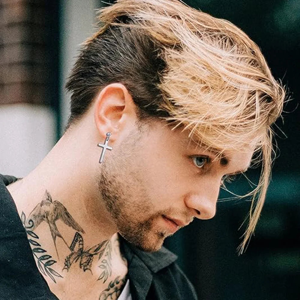 4 Pairs Silver Stainless Steel Zirconia Cross Piercing Ear Studs Men Trendy Punk Hip Hop Casual Jewelry Accessories