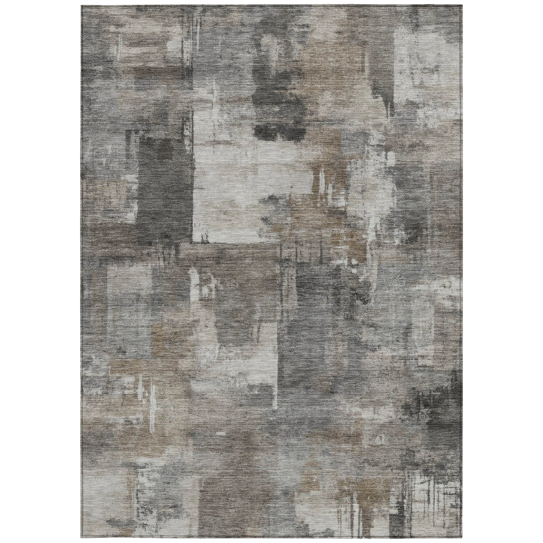 HMS 5' X 8' Abstract Washable Indoor Outdoor Area Rug in Pewter Khaki and Charcoal
