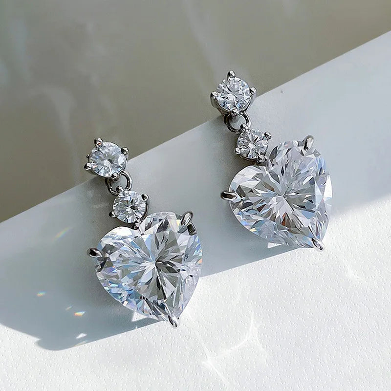 E3675 Yellow Gold Plated 925 Silver Heart Drop Earrings With Claw Setting For Women Wedding Romantic Crystal Jewelry