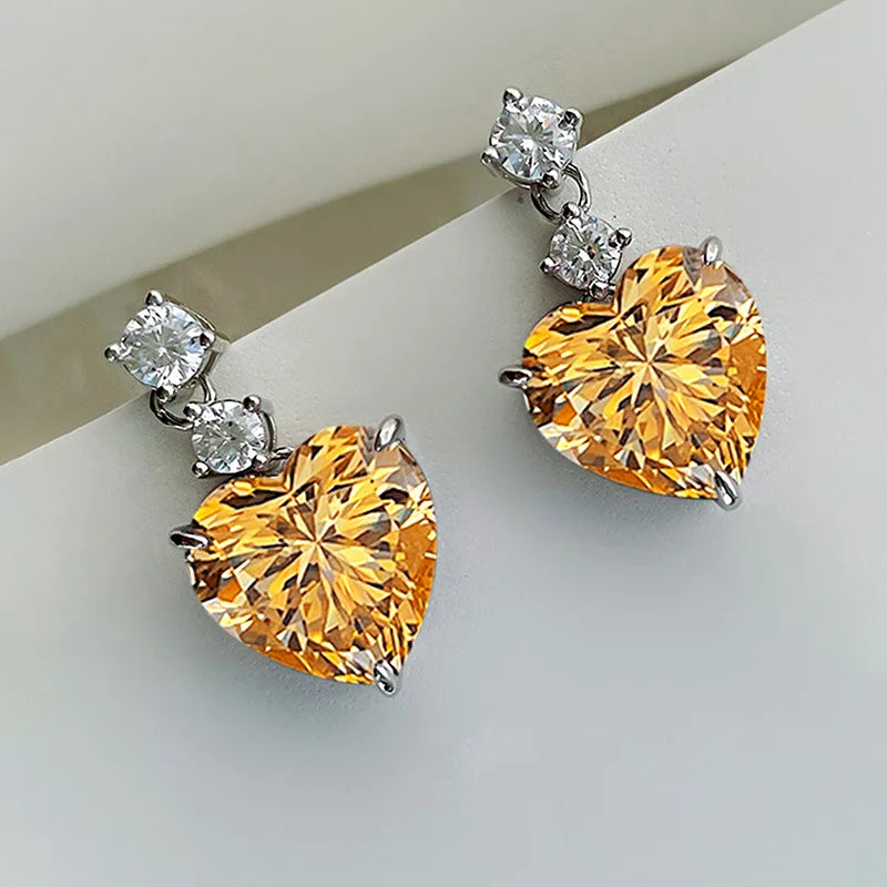 E3675 Yellow Gold Plated 925 Silver Heart Drop Earrings With Claw Setting For Women Wedding Romantic Crystal Jewelry