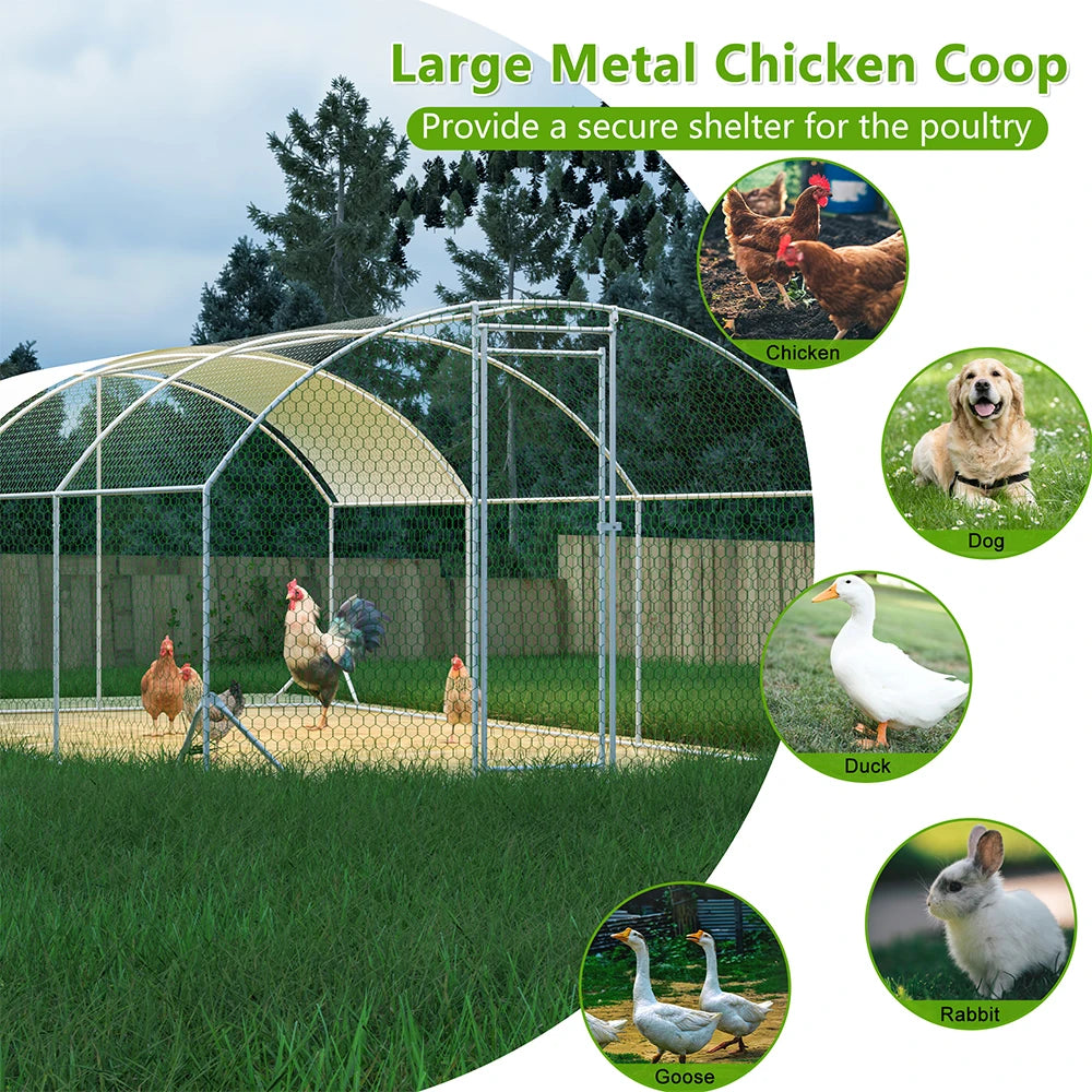 Large Chicken Coop Metal Chicken Run with Waterproof and Anti-UV Cover, Dome Shaped Walk-in Fence Cage Hen House for Outdoor