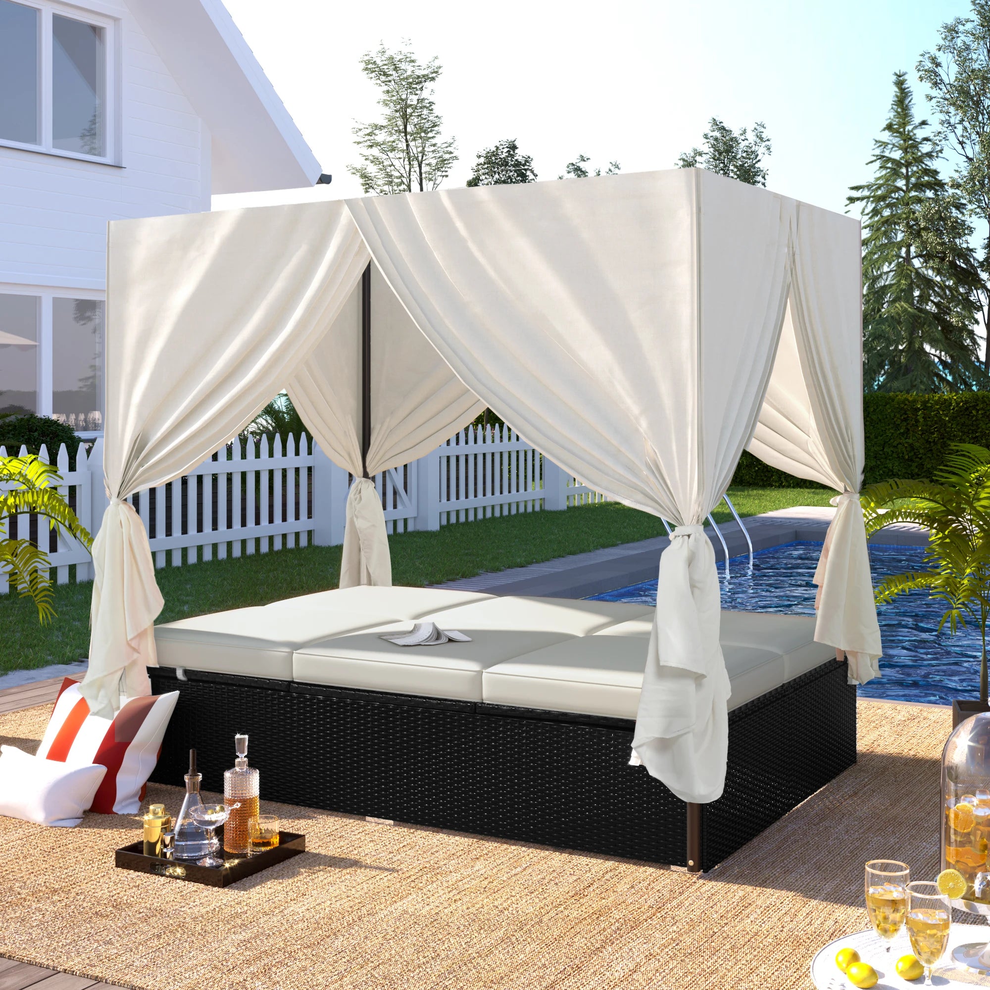 Modern Rattan Durable Luxury Outdoor Patio Sunbed Daybed with Cushions Adjustable Seats