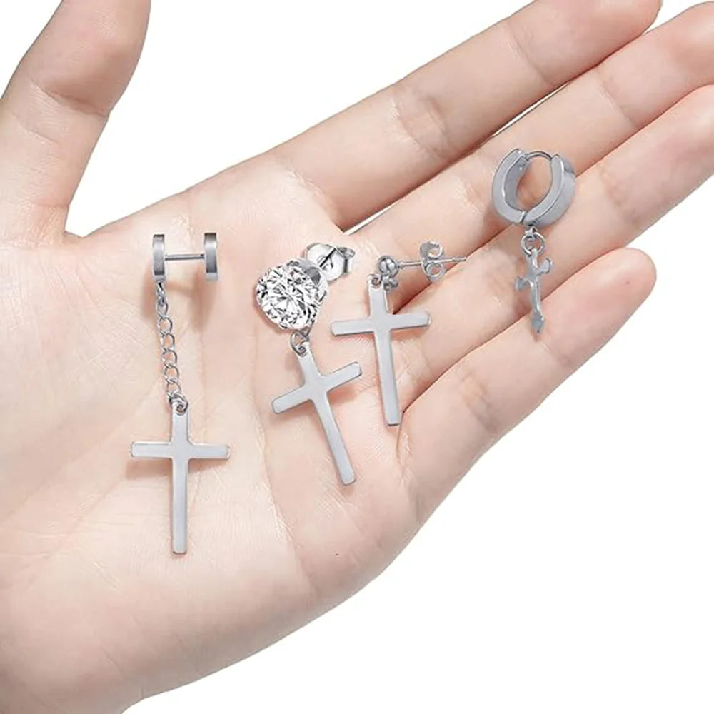 4 Pairs Silver Stainless Steel Zirconia Cross Piercing Ear Studs Men Trendy Punk Hip Hop Casual Jewelry Accessories