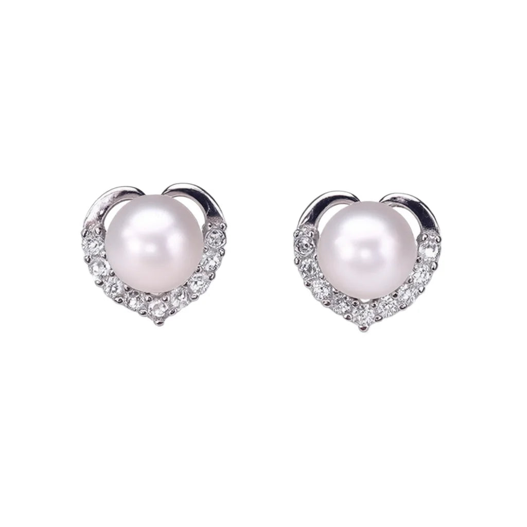 Elegant Heart Shape Akoya Pearl Stud Earrings 925 Silver AAA Cultured White Pearl Wedding Jewelry For Women Classic Style