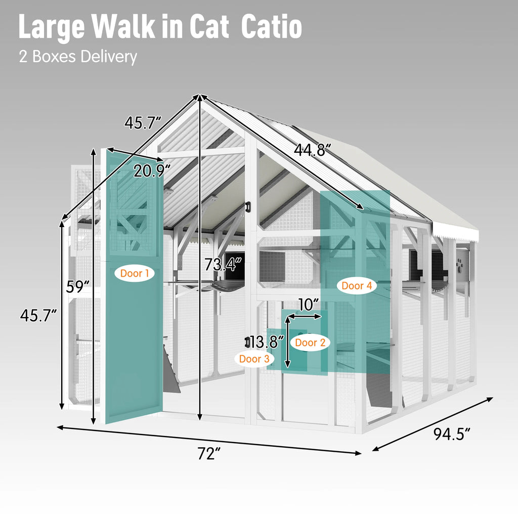 Large Multi-Tier Solid Outdoor Catio Cat Enclosure Walk-in Weatherproof Insulated Cat House PVC Roof Bridges Lounges for