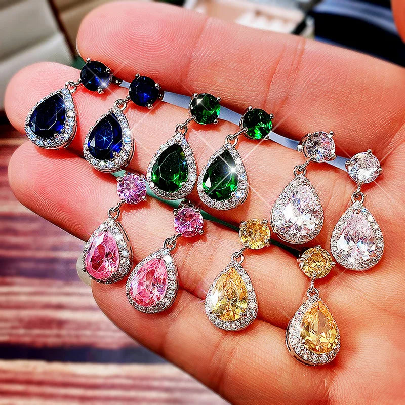 Luxury Water Drop Crystal Earrings For Women 925 Silver Bezel Setting Party Jewelry Yellow Diamond Rhinestone Earrings