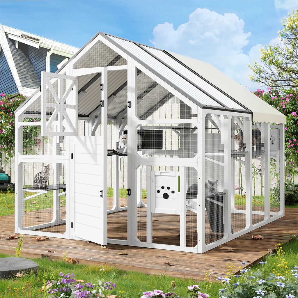 Large Multi-Tier Solid Outdoor Catio Cat Enclosure Walk-in Weatherproof Insulated Cat House PVC Roof Bridges Lounges for