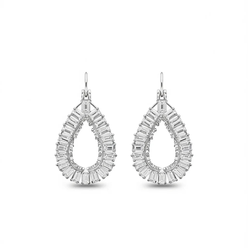 E793 Teardrop White Gold Diamond Drop Earrings Baguette Cut Channel Setting Luxury Women's Wedding Fine Jewelry