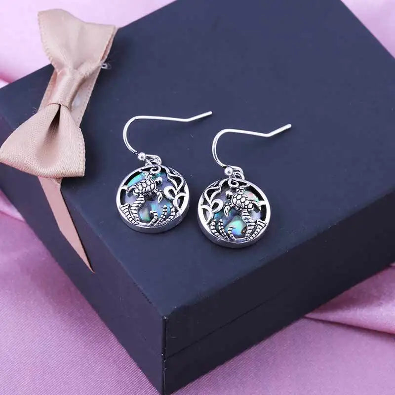 Vintage Turtle Shell Earrings Tibetan Silver Bezel Setting Women's Fashion Drop Earrings Animal Pattern Jewelry