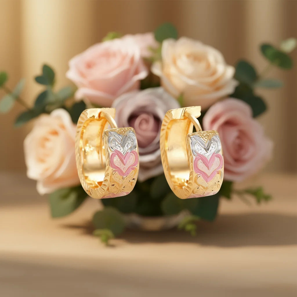 E4496 Gold Hoop Earrings With Heart Pattern Crystal Rhinestone Bezel Setting Women's Cute Everyday Wear Jewelry