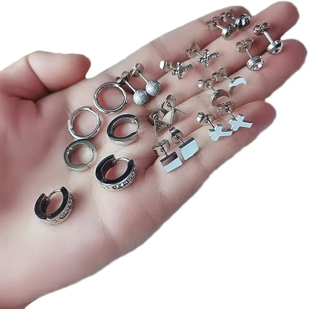 11 Piece Geometric Stainless Steel Stud Earrings Set Minimalist Modern Luxury Elegant Unisex Daily Versatile Jewelry Accessories