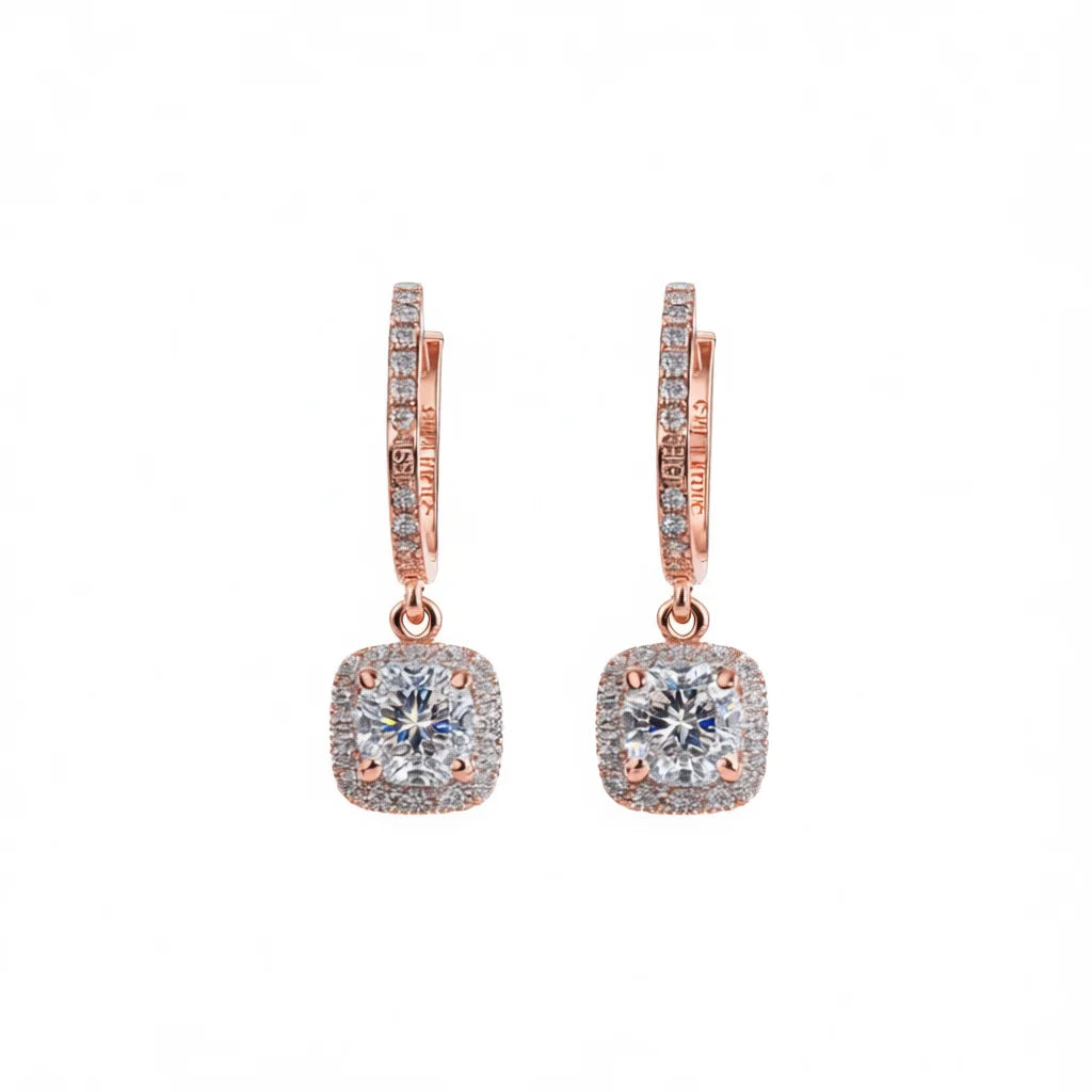 E1810 Rose Gold Hoop Earrings With Diamond Square Pendant Claw Setting Luxury Women's Wedding Fine Jewelry
