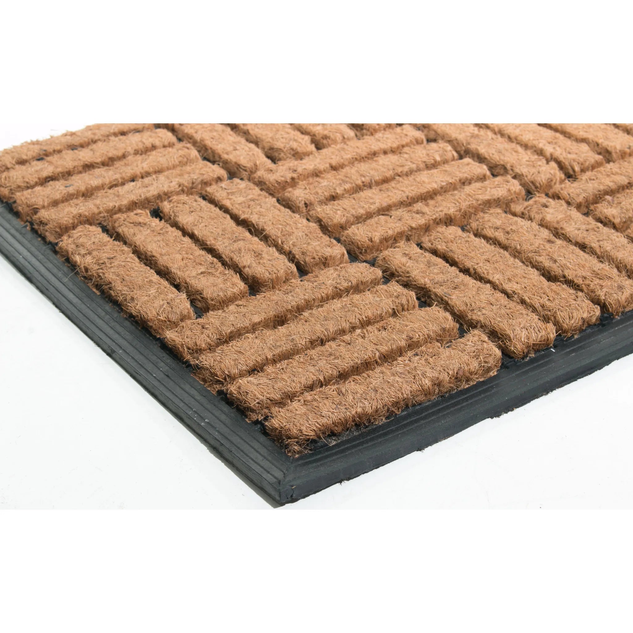 HMS Modern 18\" X 30\" Beige and Black Rubber and Coir Outdoor Door Mat Handmade Loomed Techniques for Home Use