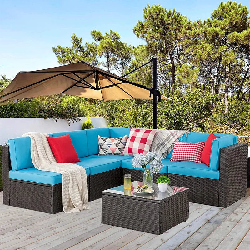 6 Pieces Patio Outdoor Living Room Furniture PE Wicker Breathable and Dirt-resistant Sectional Sofa Set