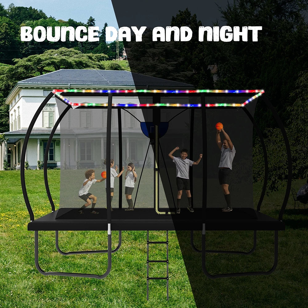 Zoshine Big Outdoor Rectangular Trampoline 10x14FT Trampoline with Basketball Hoop & LED Light for Kids & Adults