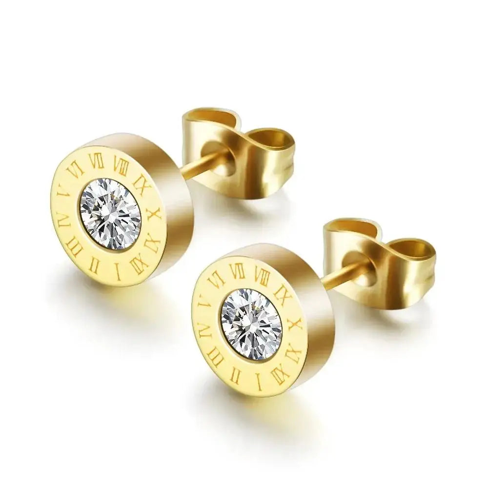 Showfay  Luxury Hypoallergenic  Stainless Steel Zircon Roman Numerals Stud Earrings for Women Man Jewelry