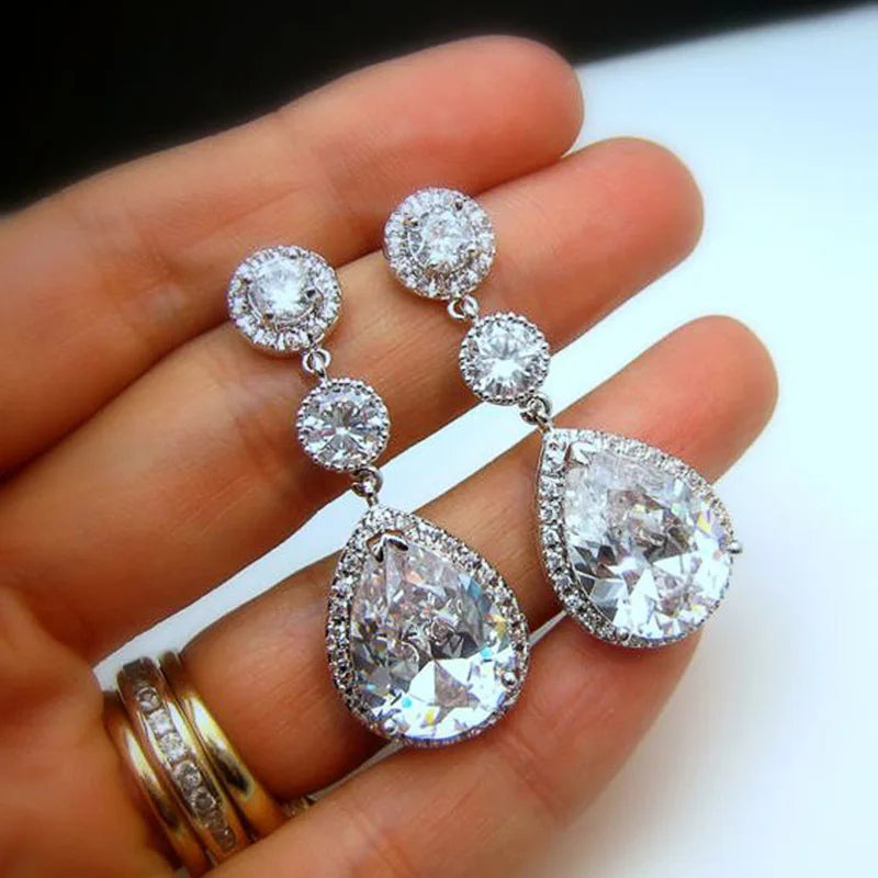 Luxury White Gold Plated 925 Silver Pear Cut Crystal Drop Earrings For Women Wedding Jewelry Rhodium Plated Bezel Setting