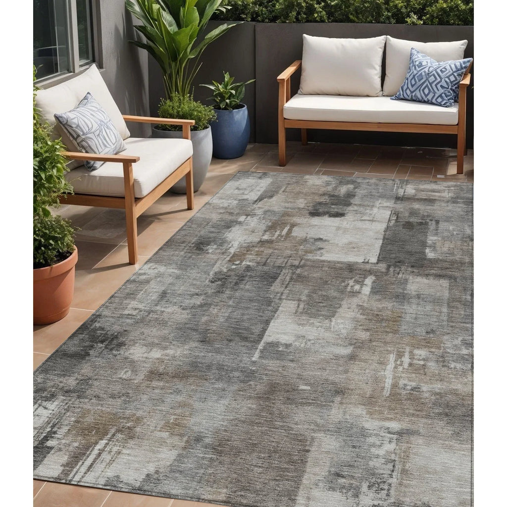 HMS 5' X 8' Abstract Washable Indoor Outdoor Area Rug in Pewter Khaki and Charcoal