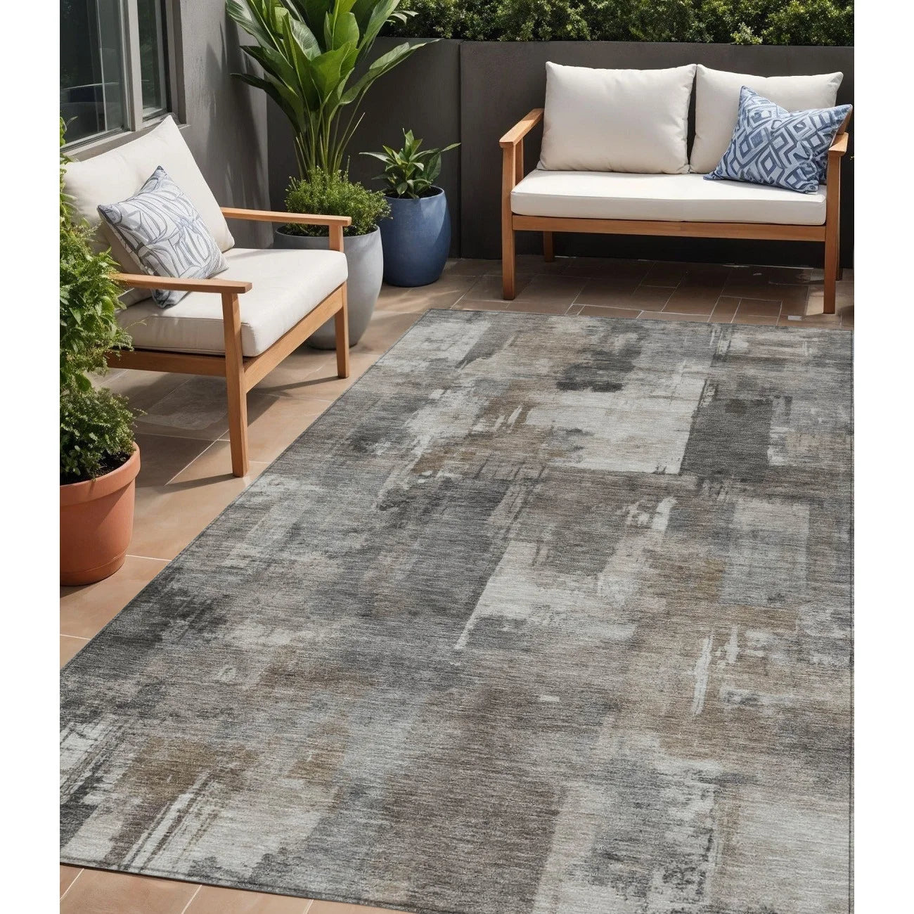 HMS 5' X 8' Abstract Washable Indoor Outdoor Area Rug in Pewter Khaki and Charcoal