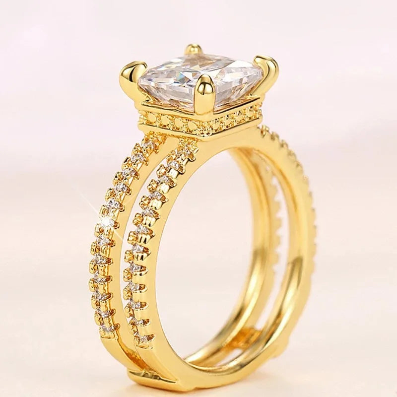 Q373 Women's 22k Gold Plated Princess Cut Lab Grown Diamond Ring with Side Stones Engagement Jewelry