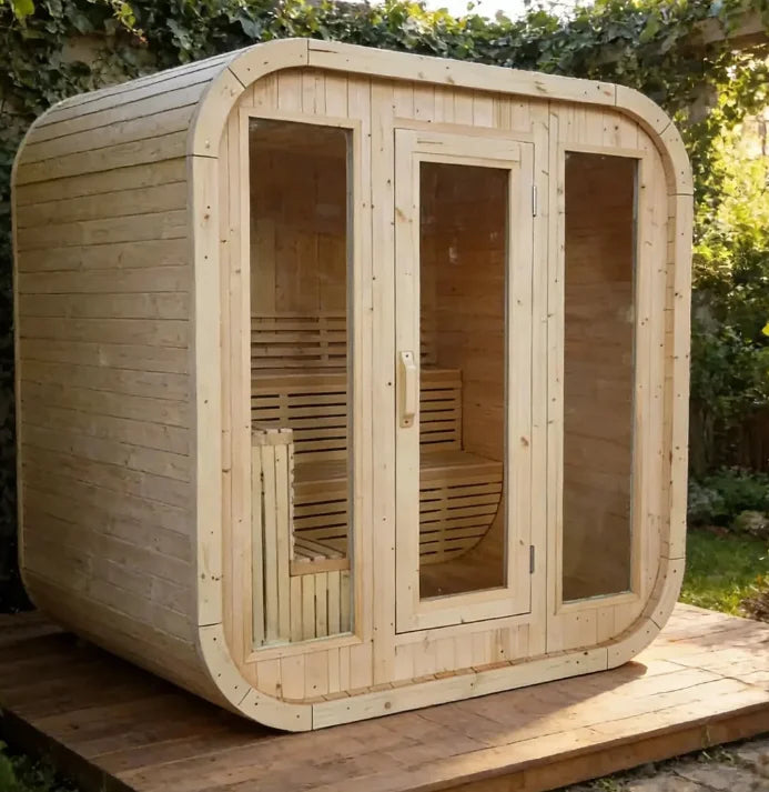 US Warehouse 4-6 Person Outdoor Square Traditional White Pine Steam Sauna with Tempered Glass & Weatherproof Roof