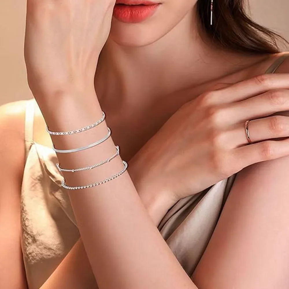 ZF 8-Piece Stainless Steel Silver Chain Link Bracelet Bangle Set Versatile Elegant Daily Jewelry Accessories