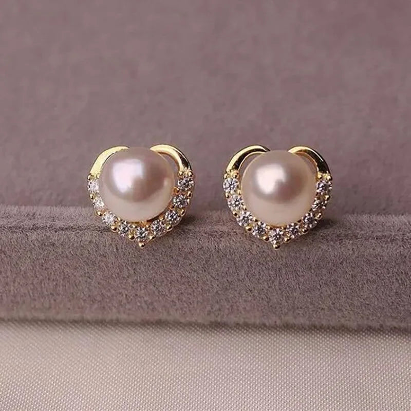 Elegant Heart Shape Akoya Pearl Stud Earrings 925 Silver AAA Cultured White Pearl Wedding Jewelry For Women Classic Style