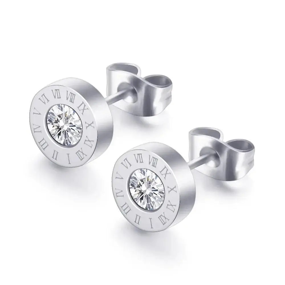 Showfay  Luxury Hypoallergenic  Stainless Steel Zircon Roman Numerals Stud Earrings for Women Man Jewelry