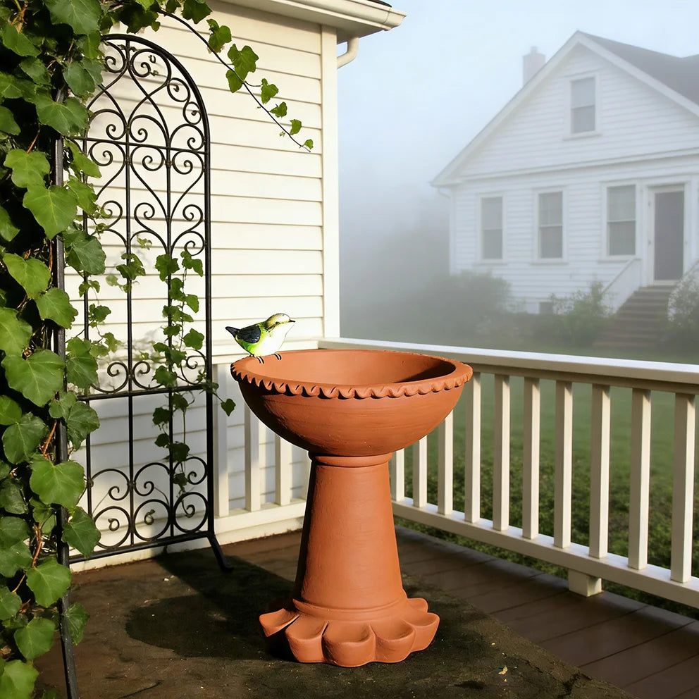 Terracotta-Effect Resin Bird Bath with Mini Bird Accent - Ruffled Edge Design, Charming Farmhouse-Style Outdoor Feeder